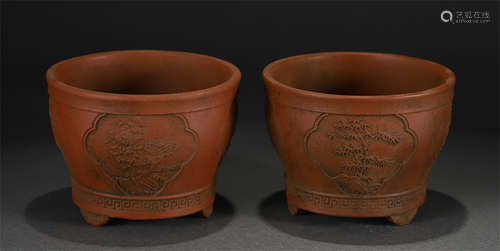 Pair Engraved Yixing Glazed Flower Pots