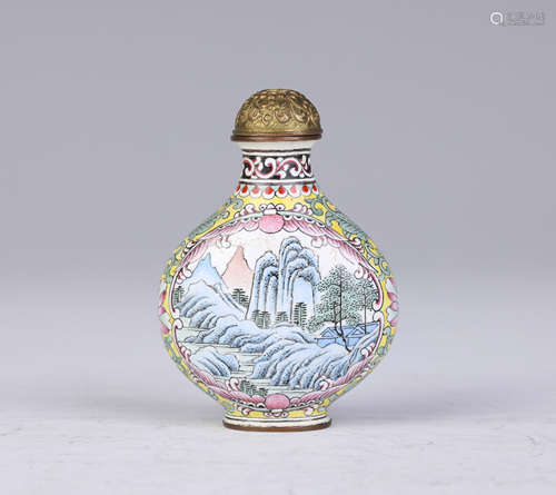 A Painted-Enamel Landscape Bronze Snuff Bottle