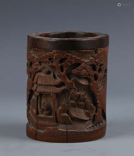 A Carved Bamboo Figures and Landscape Brush Pot