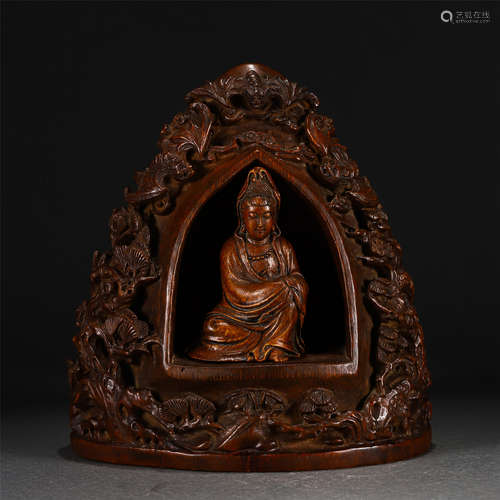 A Carved Bamboo Guanyin And Buddha Niche