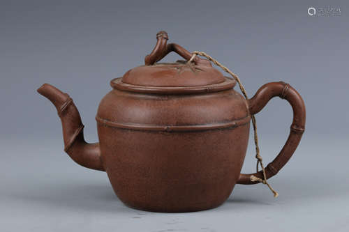 A Yixing Glazed Bamboo Joints Tea Pot