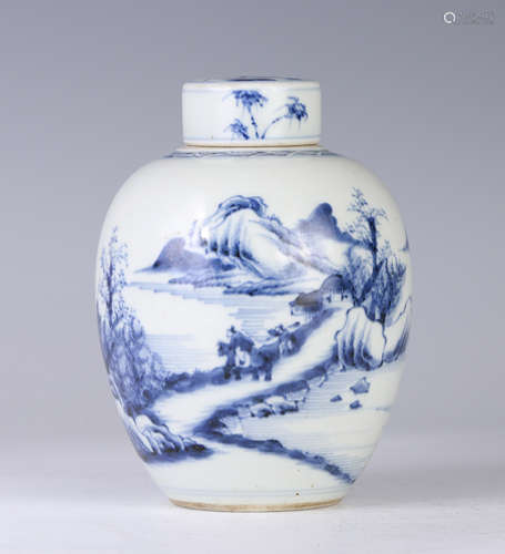 A Blue and White Figures-among-Landscape Jar and Cover