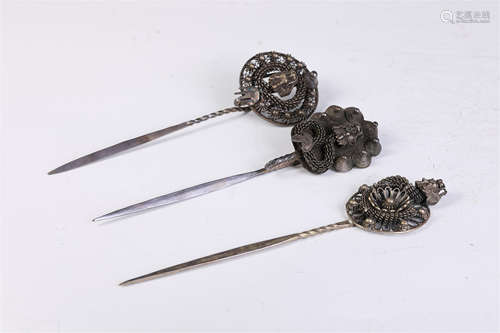 Three Carved Silver Hairpins