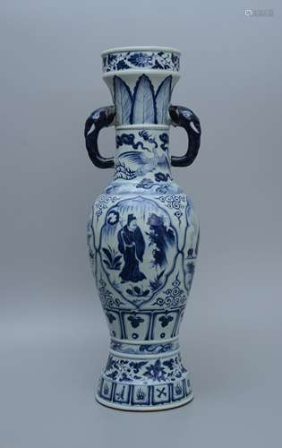 Bule and White Temple Vase with Figure Design