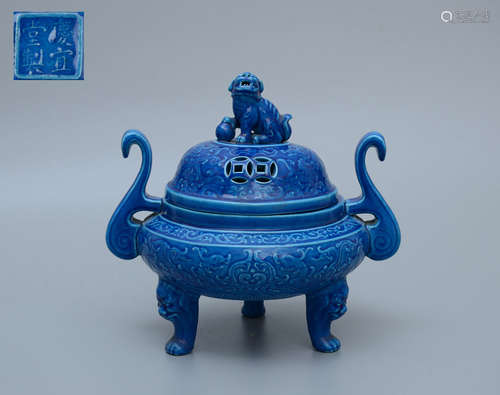 Blue Glaze Tripod Incense Burner with Lion Cover