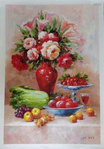 Flower and Fruit，A North Korean Oil Painting