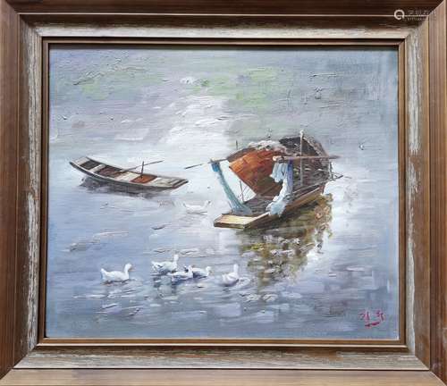 Boats on the Lake，A North Korean Oil Painting