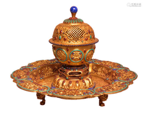 Gilt-Copper Incense Burner with Dish