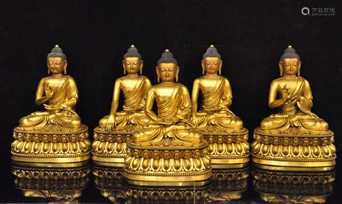 A Set of Gilt Bronze Tibetan Buddhism Figure of Five Tathaga...