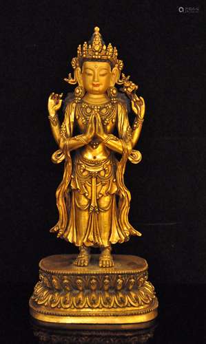 A Gilt Bronze Tibetan Buddhism Figure of Shadakshari Lokeshv...