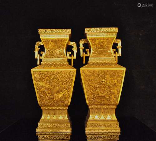 A Pair of Gilt Bronze Square Vase