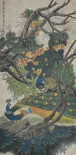 Peacocks and Begonia，by Yu Zhizhen