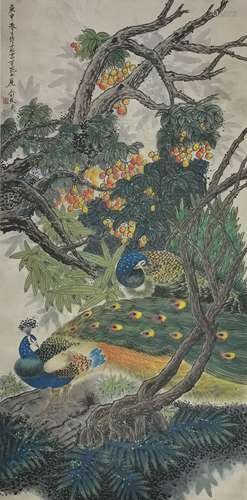 Peacocks and Begonia，by Yu Zhizhen