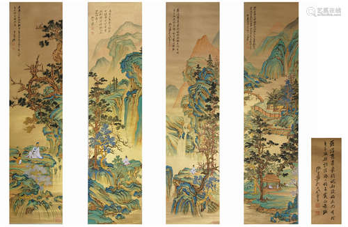 Chinese Four Screens of Landscape and Figrue，by Zhang Daqian