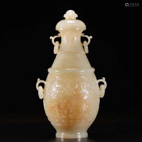 chinese hetian jade vase with two ears and rings