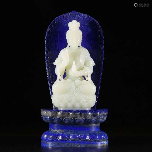 chinese hetian jade guanyin with original base of lapis lazu...