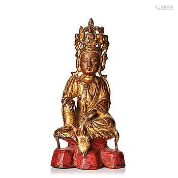 Guanyin/Avalokiteshvara, fögylld och lackerad brons. Mingdyn...