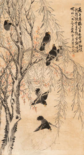 陈务人（1870～1947） 柳鸦图 设色纸本 立轴
