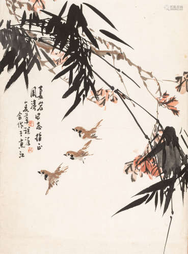 刘复莘（1925～2004）  竹雀图
张祖源（1914～1984）  设色纸本 立轴