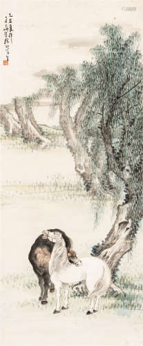 徐 林（1879～1928） 柳荫双马图 设色纸本 立轴