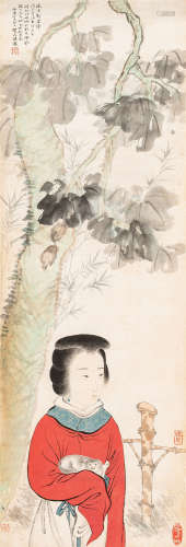 贺天健（1891～1977） 拂猫仕女 设色纸本 立轴