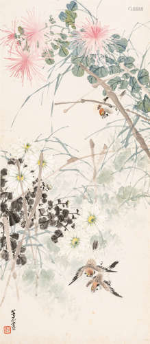 吴笠仙（1869～1938） 菊雀图 设色纸本 立轴