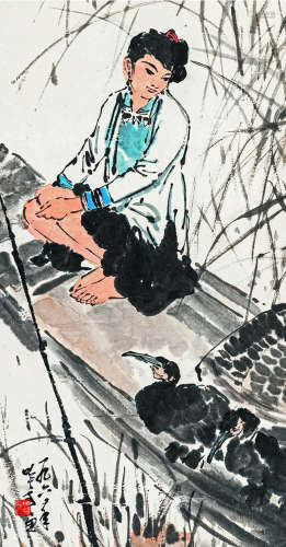 宋吟可（1902～1999） 渔女鸬鹚 设色纸本 立轴