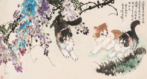 孙菊生（1913～2018） 猫趣图 设色纸本 镜心