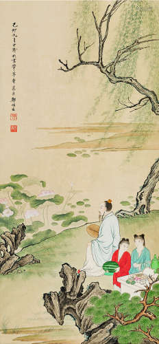 郑慕康（1901～1982） 柳荫避暑图 设色纸本 立轴