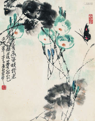 李 亚（b.1926） 牵牛扑蝶 设色纸本 镜心