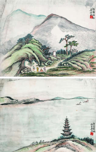 姜 筠（1847～1919） 山水双挖 设色纸本 立轴