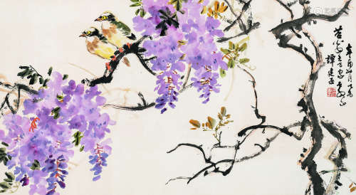 谭建丞（1898～1995） 紫藤双雀 设色纸本 镜心