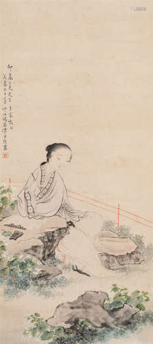 陈康候（1866-1937） 捻管图 设色纸本 立轴