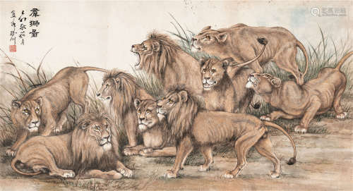 蔡鹤洲（1911～1971） 群狮图 设色纸本 横轴