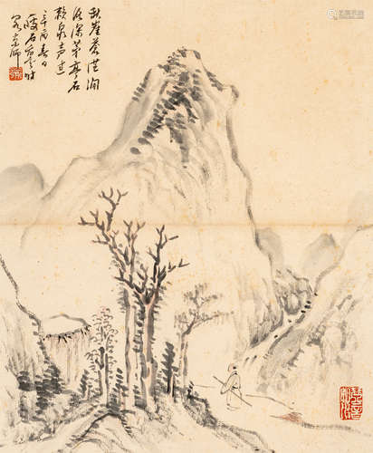 俞瘦石（1864～1938） 秋崖毛亭 水墨纸本 平轴