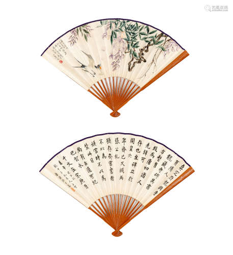 陈小翠（1907～1968） 紫藤小鸟 设色纸本 成扇