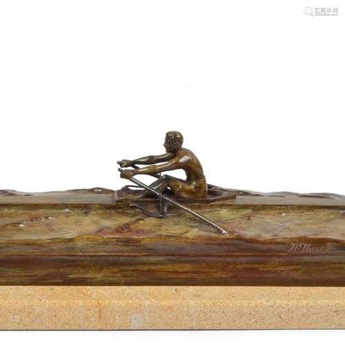 Sculpture en bronze sur socle marbre. «Le Skiff». …