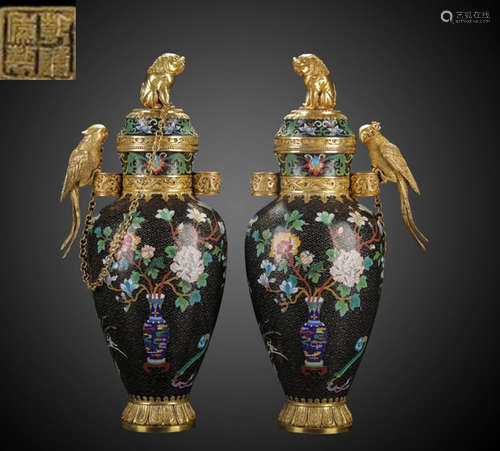 PAIR OF CLOISONNE CAST VASES