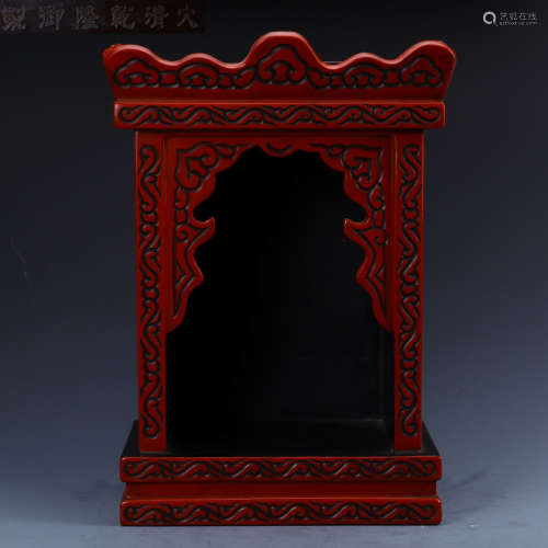 QIANLONG MARK RED LACQUER CARVED PAGODA