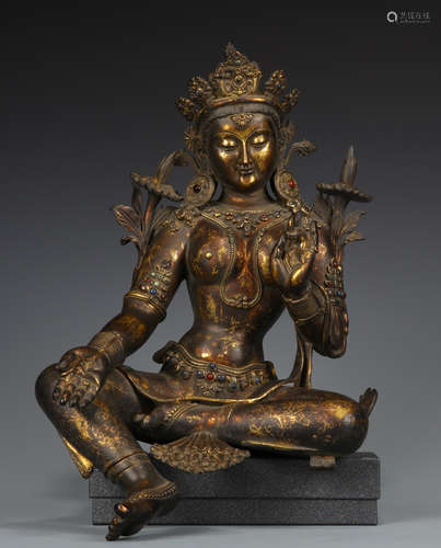 GILT BRONZE WITH GEM DECORATED TARA BUDDHA STATUE