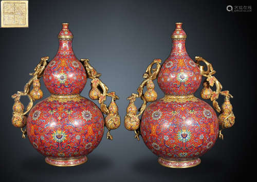 PAIR OF CLOISONNE CAST AUSPICIOUS VASES