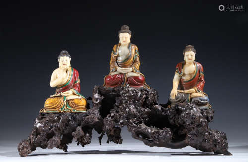 SET OF FURONG STONE WITH MINERAL COLOR PAINTED BUDDHA STATUE...