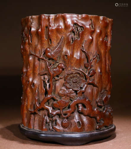 BAMBOO CARVED BIRD PATTERN BRUSH POT