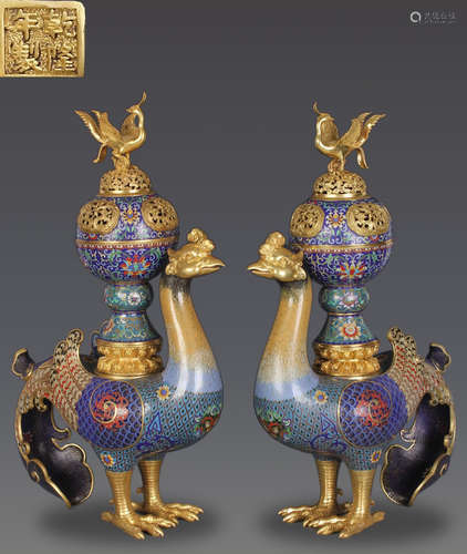 PAIR OF CLOISONNE CAST BIRD SHAPED VASES