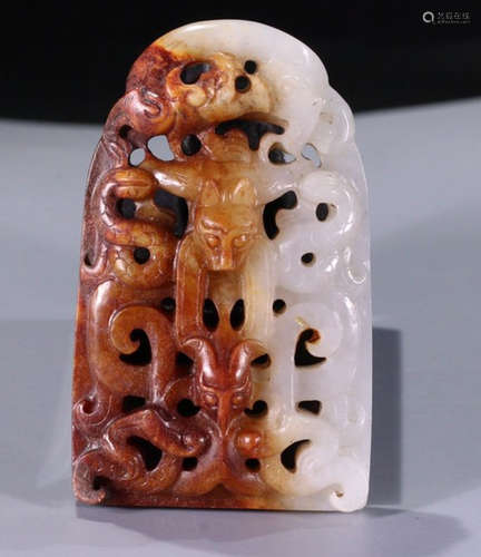 ANTIQUE JADE CARVED DRAGON&PHOENIX TABLET