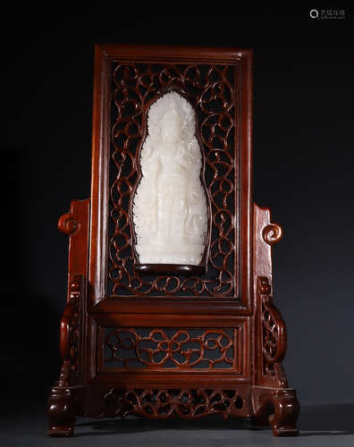 WOOD WITH HETIAN JADE CARVED GUANYIN SCREEN