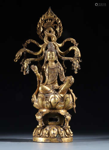 GILT BRONZE CAST GUANYIN BUDDHA STATUE