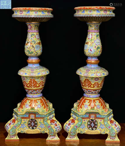 PAIR OF QIANLONG MARK ALUM RED GLAZE CANDLE HOLDERS