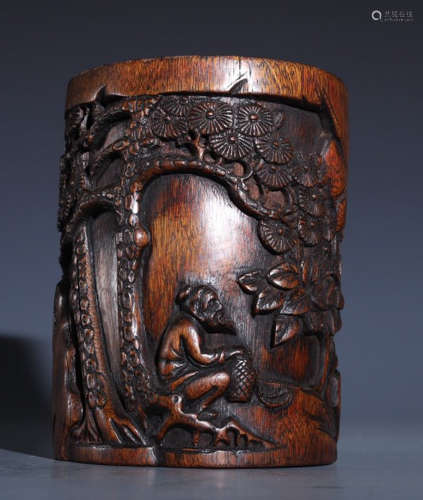 CHENXIANG WOOD CARVED FIGURE STORY PATTERN BRUSH POT