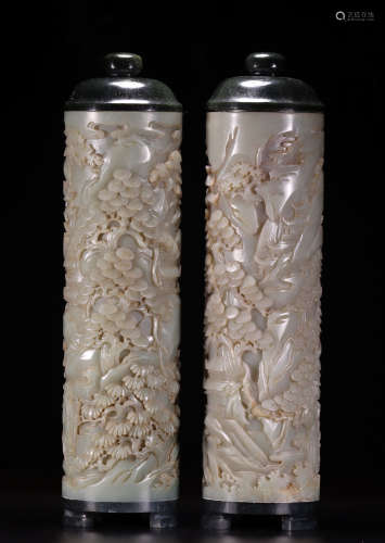 PAIR OF HETIAN JADE CARVED INCENSE TUBES